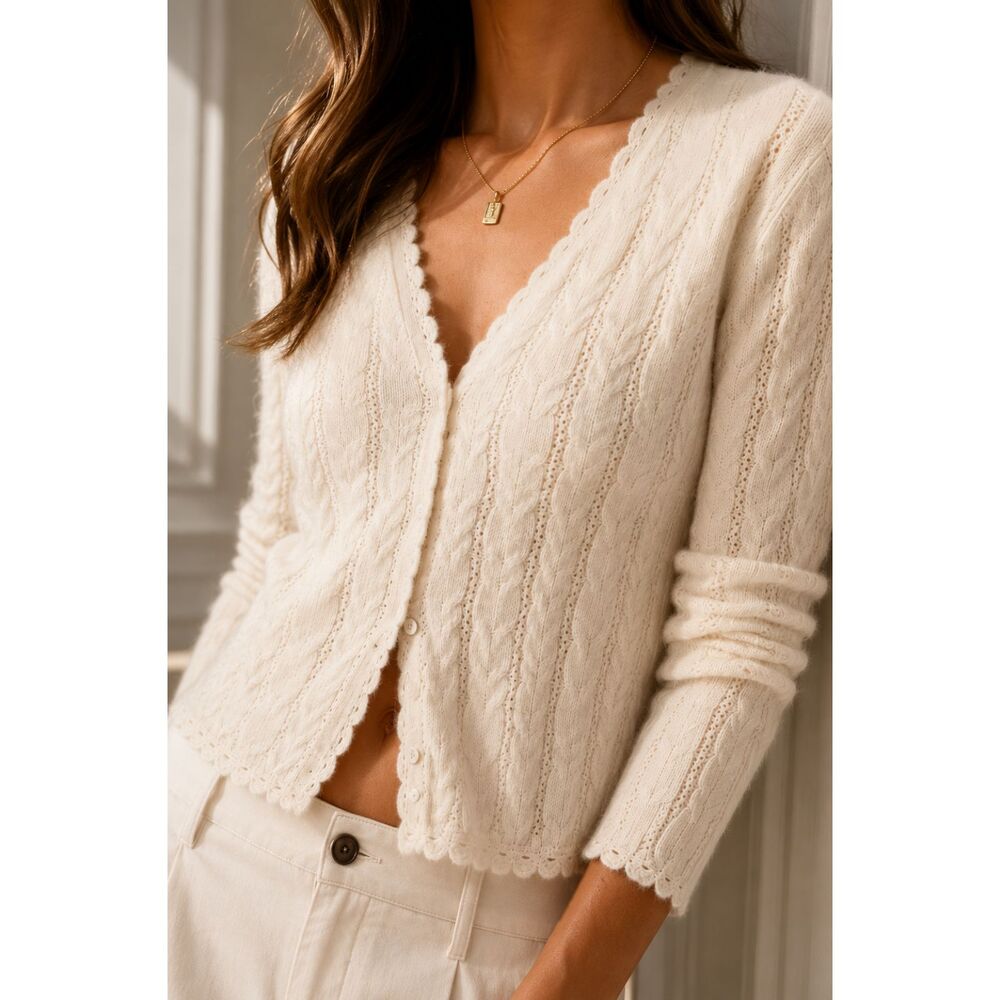 House of Harlow 1960 Women L Cashmere Cable Knit Cardigan Ivory Crochet Trim